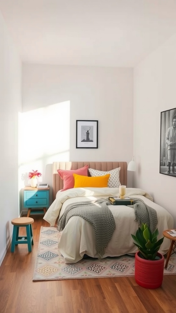 A small bedroom featuring colorful bedding, a turquoise nightstand, and a patterned rug.