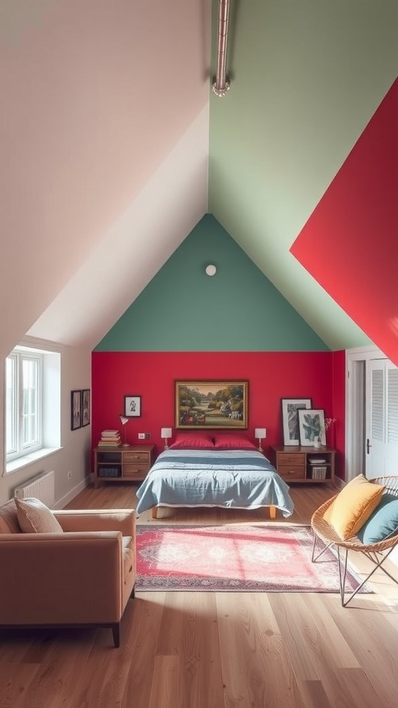 An attic bedroom with angled ceilings featuring color blocked walls in green and red.