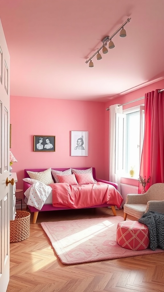 A girl's bedroom featuring color blocking with pink walls and ceiling, a pink bed, and cozy decor.