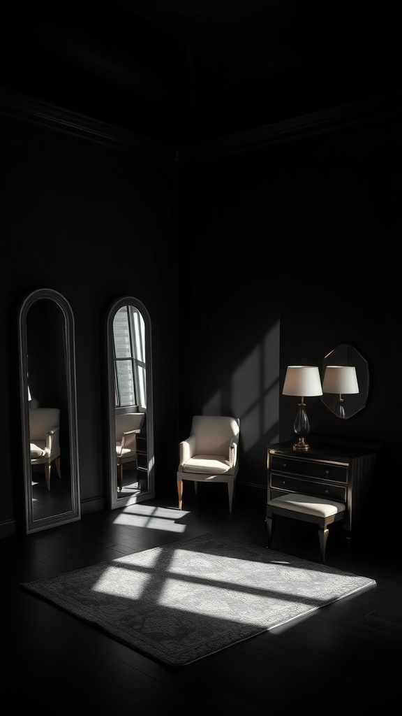 A stylish black bedroom corner featuring three tall mirrors, a lamp, and light-colored furniture.