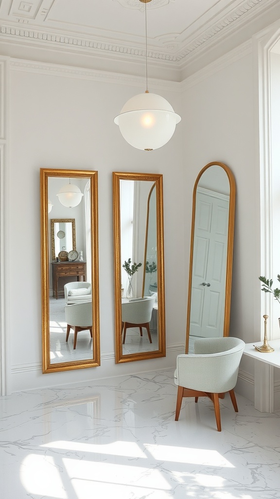 A bright room featuring three mirrors with golden frames, a light fixture, and a cozy chair.