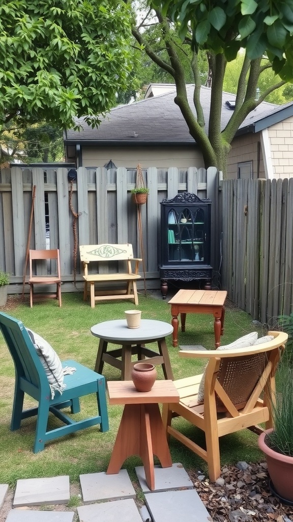 A cozy backyard with mismatched old furniture, including colorful chairs and wooden tables.