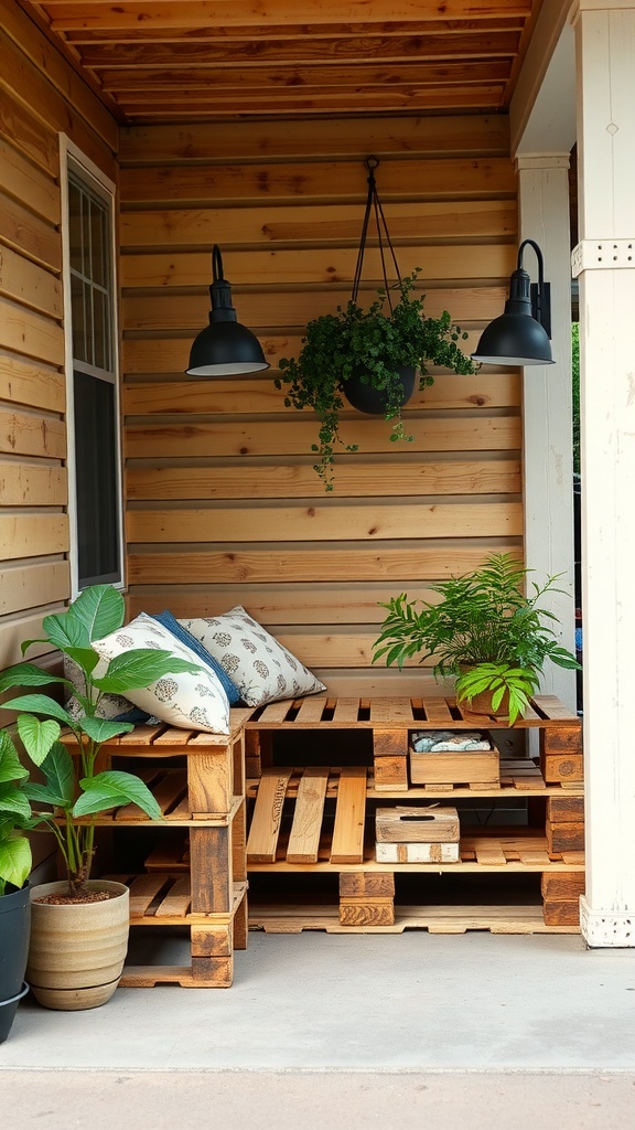 Pallet seating on a front porch with cushions and plants