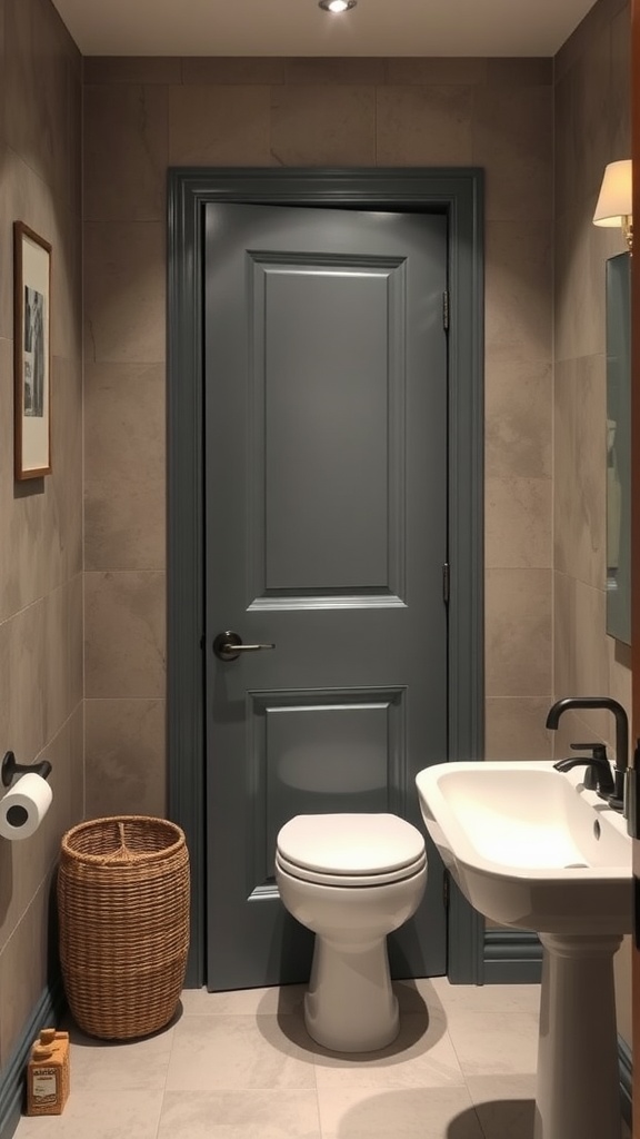 A modern small bathroom with a pocket door.