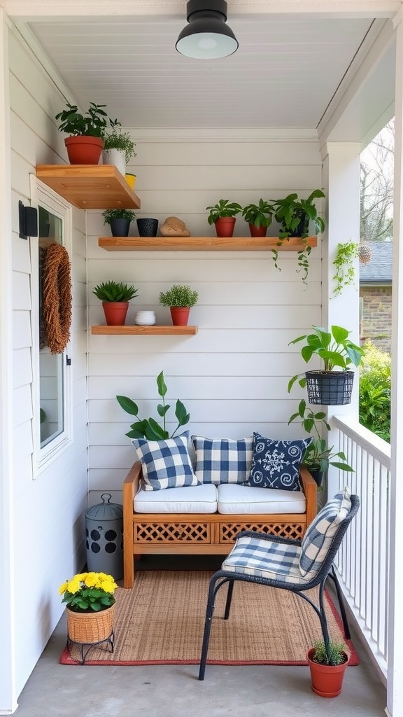 A small porch featuring a wooden bench with cushions, potted plants on shelves, and a woven chair.