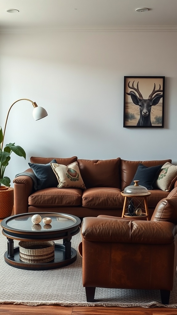 A cozy living room featuring a brown leather sofa, patterned cushions, glass and wood coffee table, and indoor plant.
