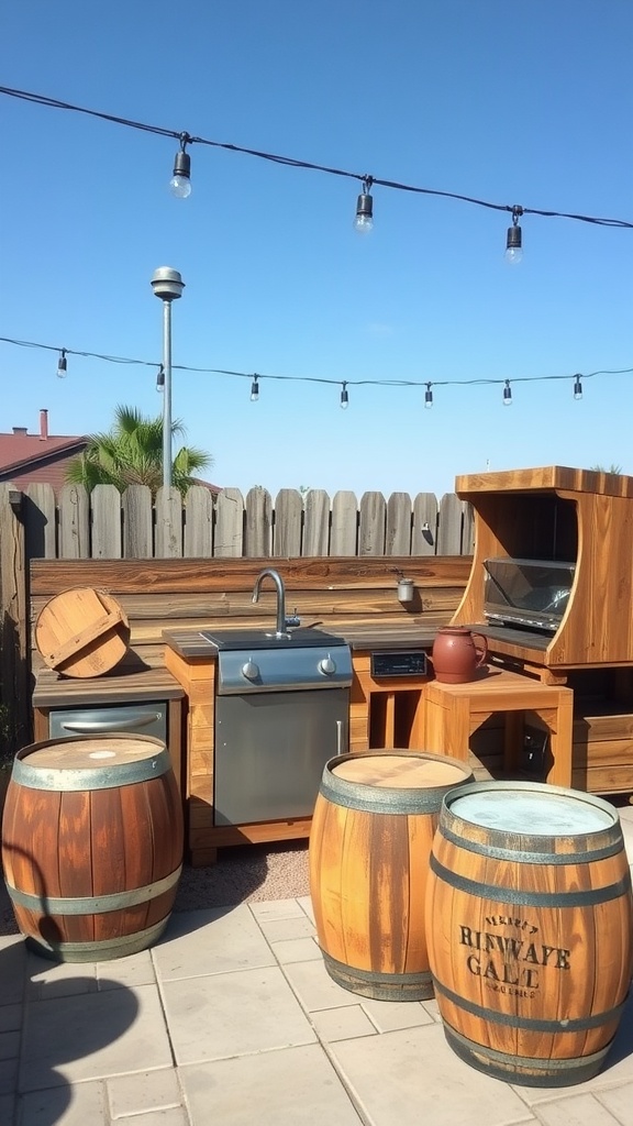 Outdoor kitchen featuring wooden furniture and barrels, decorated with string lights.