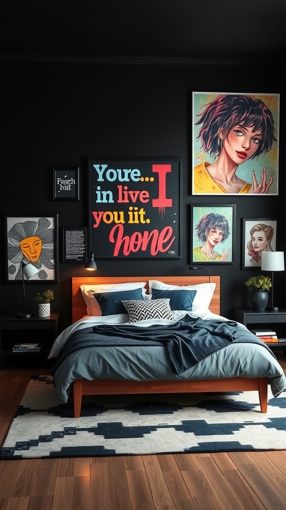 A cozy bedroom with a black wall featuring colorful wall art, including a bold statement piece and various framed artworks.
