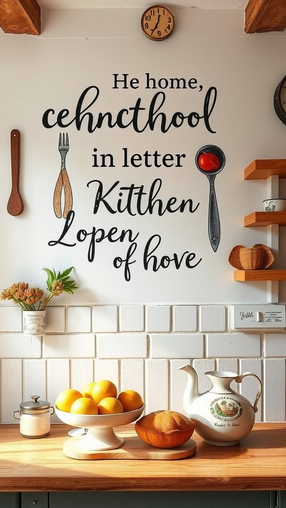 A cozy cottage kitchen featuring creative wall art with utensils and a warm text design.