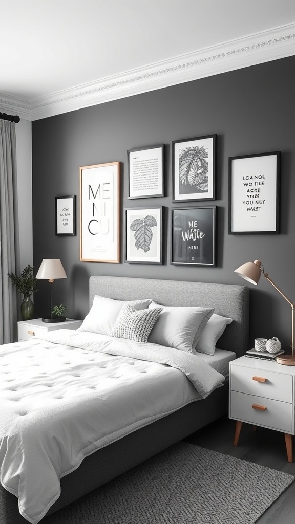 A stylish black and white bedroom featuring a dark wall with various framed artworks, a cozy bed, and modern decor.