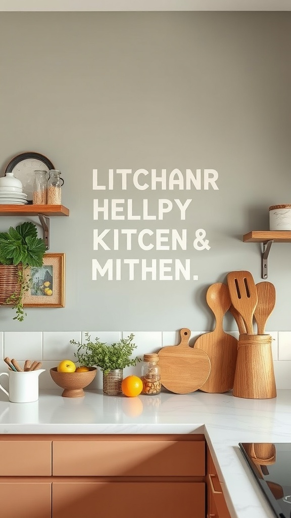 A cozy kitchen wall showcasing playful art with wooden utensils and decor.