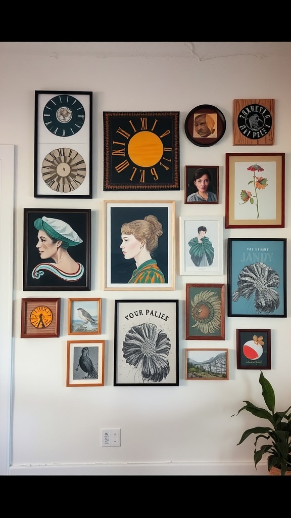 A creative arrangement of various framed artworks on a wall, featuring portraits, botanical prints, and abstract designs.