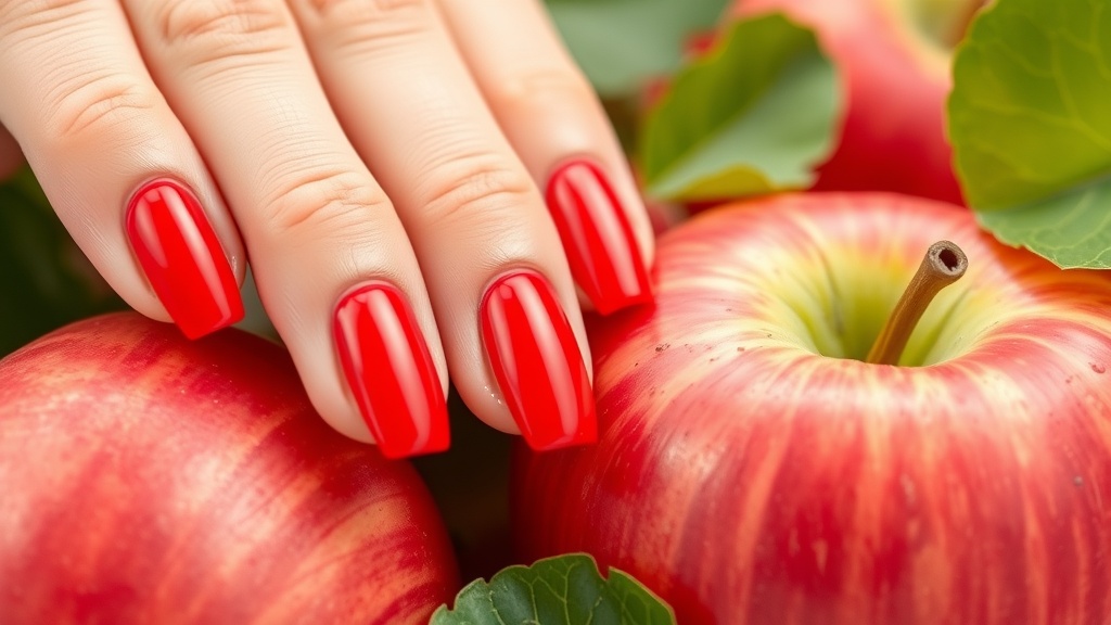 A hand with glossy red nails resting on apples, showcasing a vibrant fall nail idea.