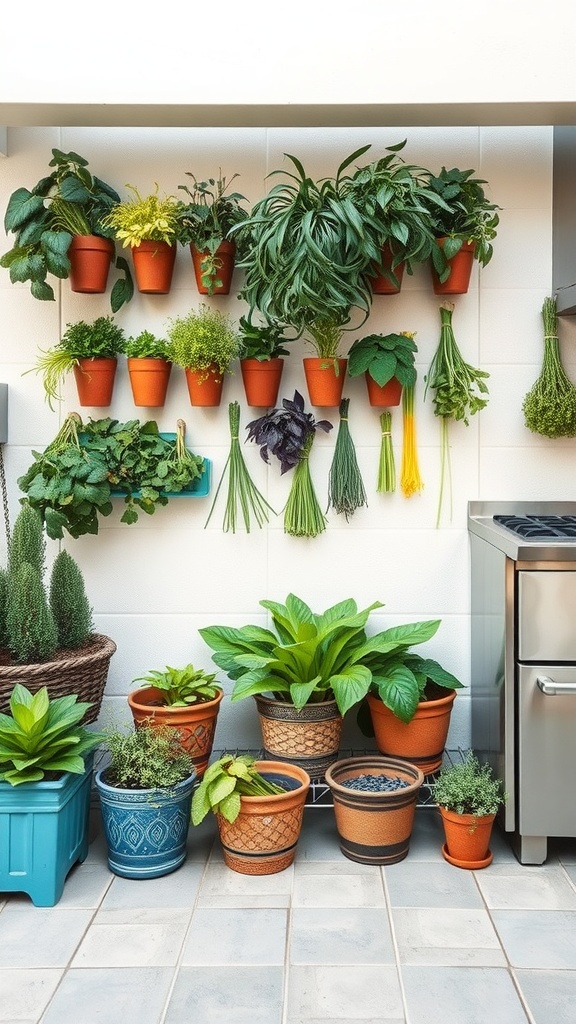 A wall of potted culinary herbs arranged in an outdoor kitchen.