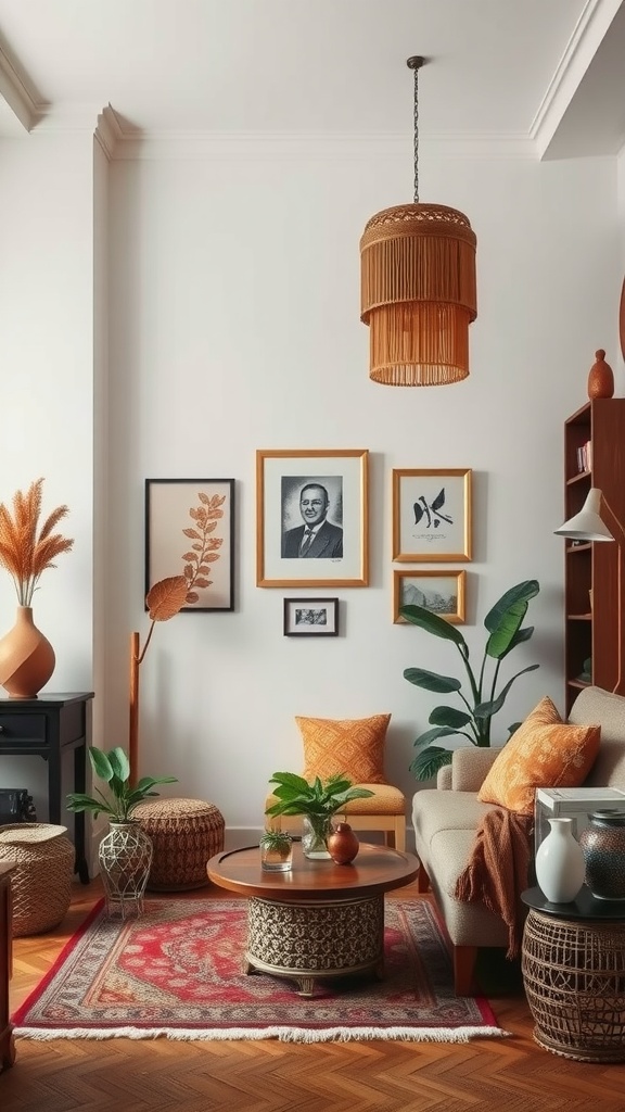 A cozy living room featuring warm tones, plants, and cultural decor elements.