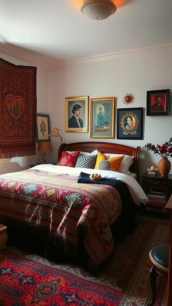 A cozy bedroom featuring a colorful bedspread, decorative pillows, and framed artwork on the walls.