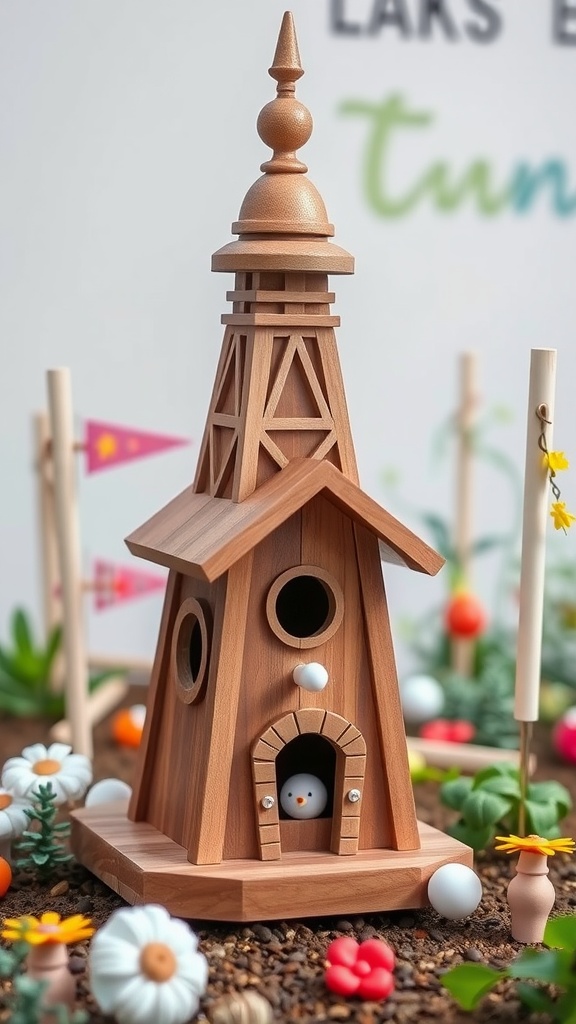 A unique birdhouse inspired by cultural landmarks, featuring a tall spire and intricate design, surrounded by flowers and decorations.