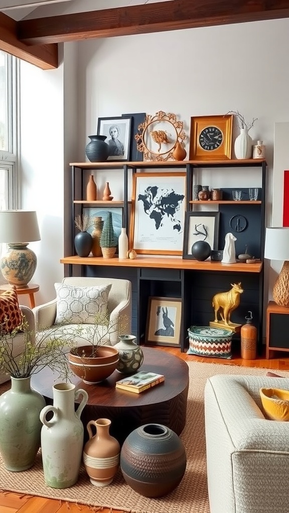 A cozy living room with a variety of decorative accents on shelves and a coffee table.
