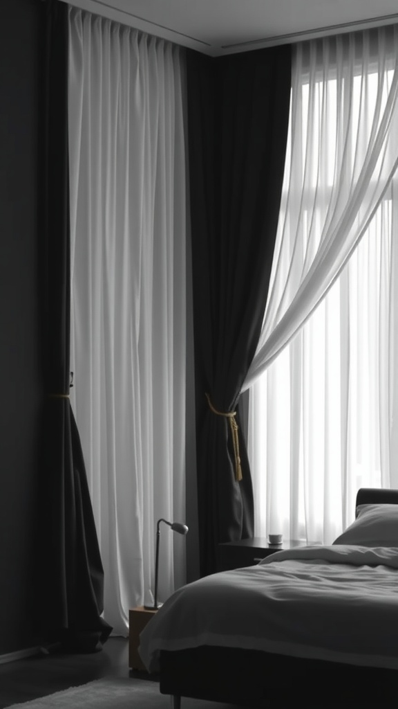 A stylish black and white bedroom featuring contrasting curtains, with dark curtains on one side and sheer white curtains on the other.