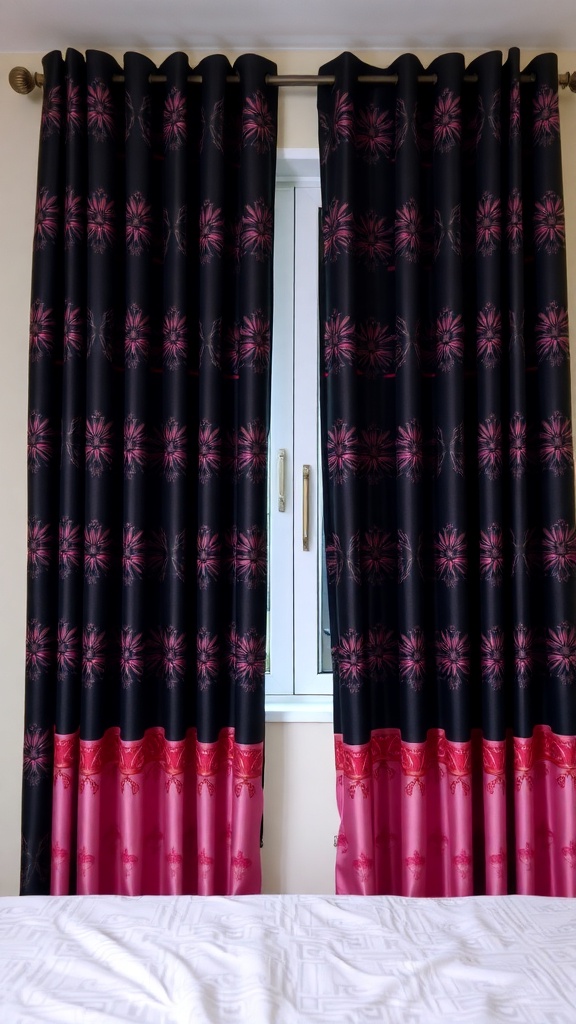 Black and pink patterned curtains hanging by a window in a bedroom