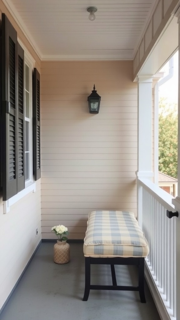 Cozy small porch with a cushioned bench and a decorative plant