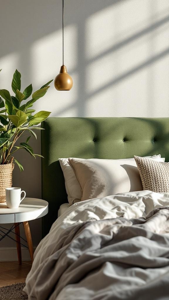 A cozy bedroom featuring a cushioned green headboard, light bedding, a small white table with a cup, and a plant.