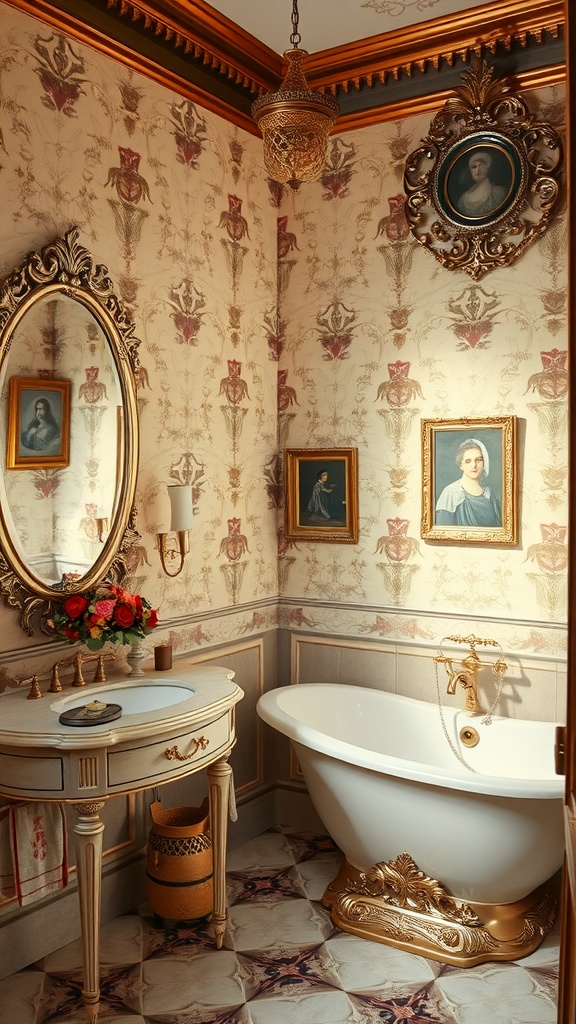 A luxurious bathroom with golden accents, ornate mirrors, and framed artwork on the walls.