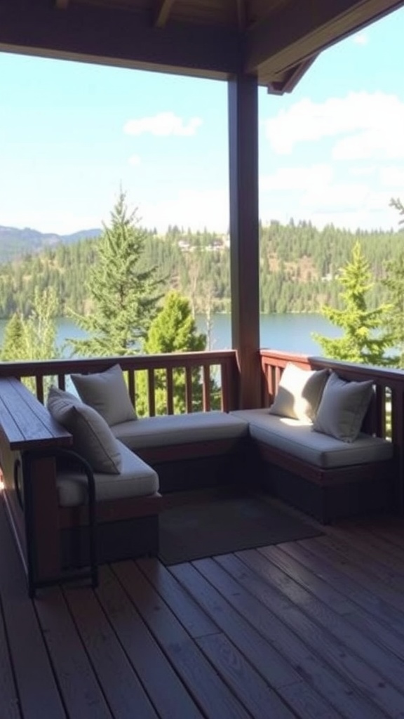 Cozy built-in seating area on a back patio with cushions and a view of nature.