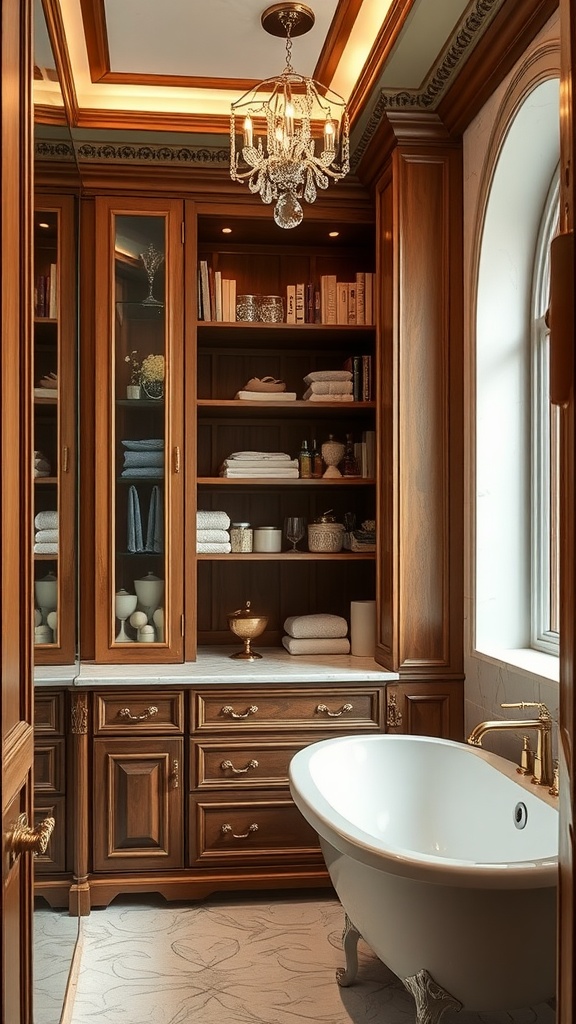 A luxury bathroom featuring custom wooden cabinetry, a chandelier, and a freestanding bathtub.