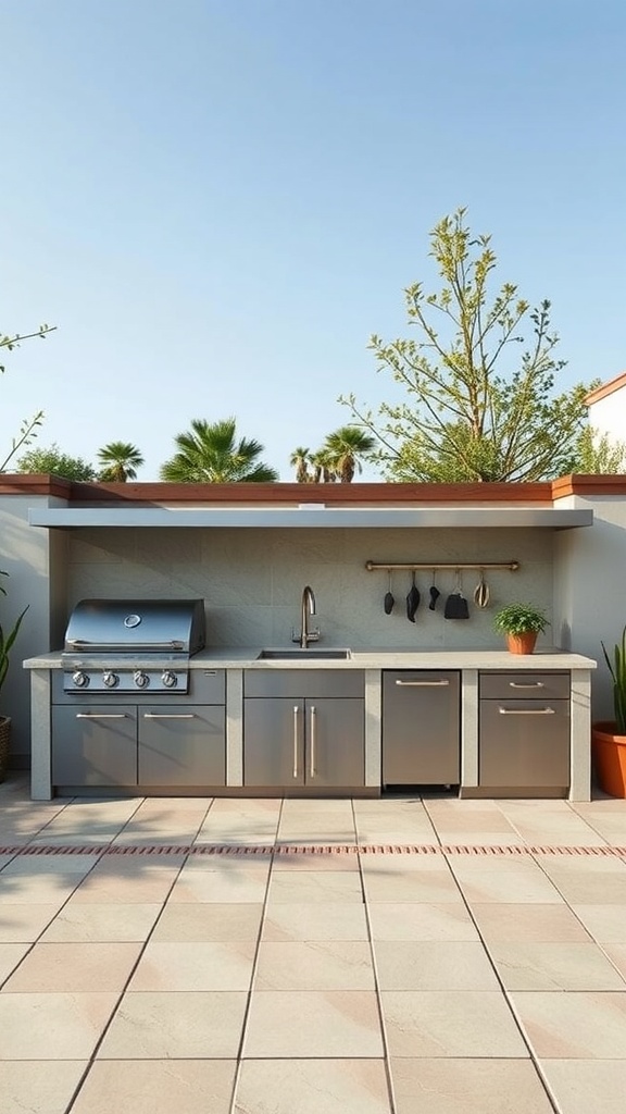 Modern outdoor kitchen with a grill, sink, and storage in a customizable modular design.