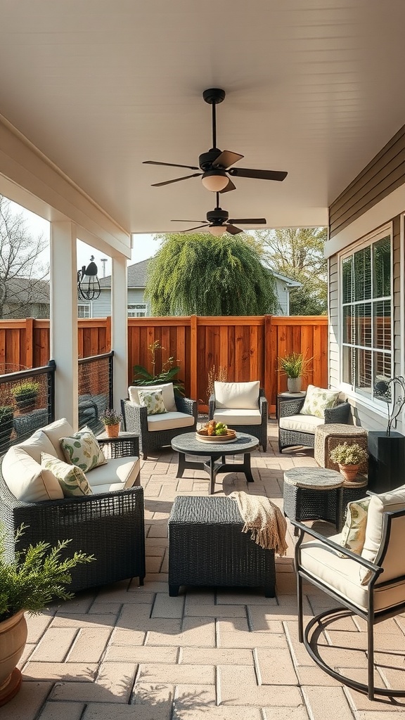 Cozy covered patio with modular furniture, including comfortable seating and tables.