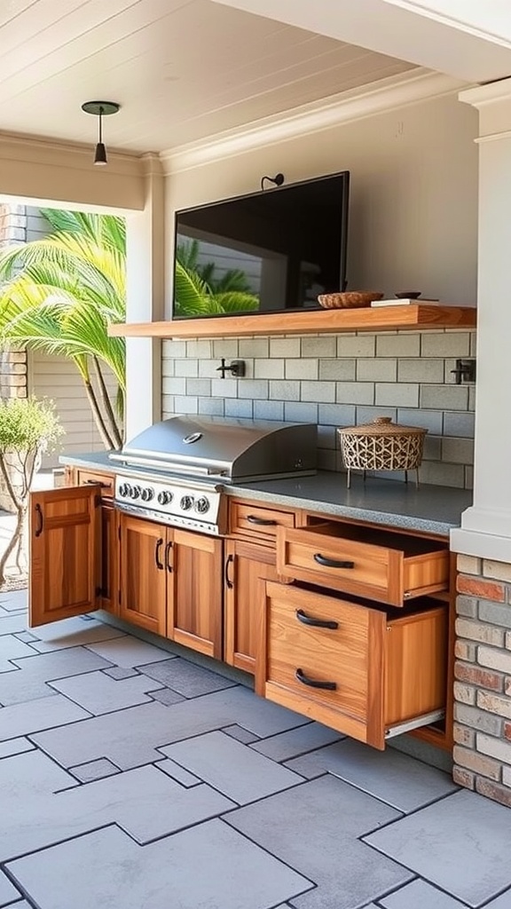 A custom outdoor kitchen featuring wooden cabinets, drawers, a grill, and an open shelf.