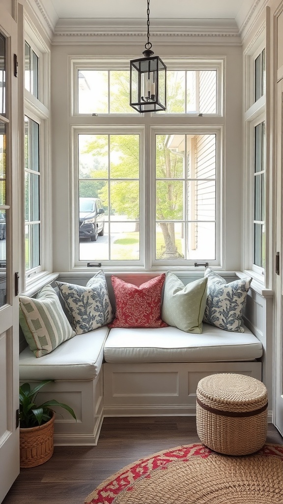 Cozy sunroom with built-in seating, colorful pillows, and large windows.