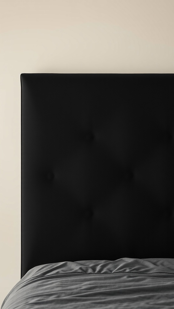 A close-up view of a black tufted headboard with a beige wall in the background.
