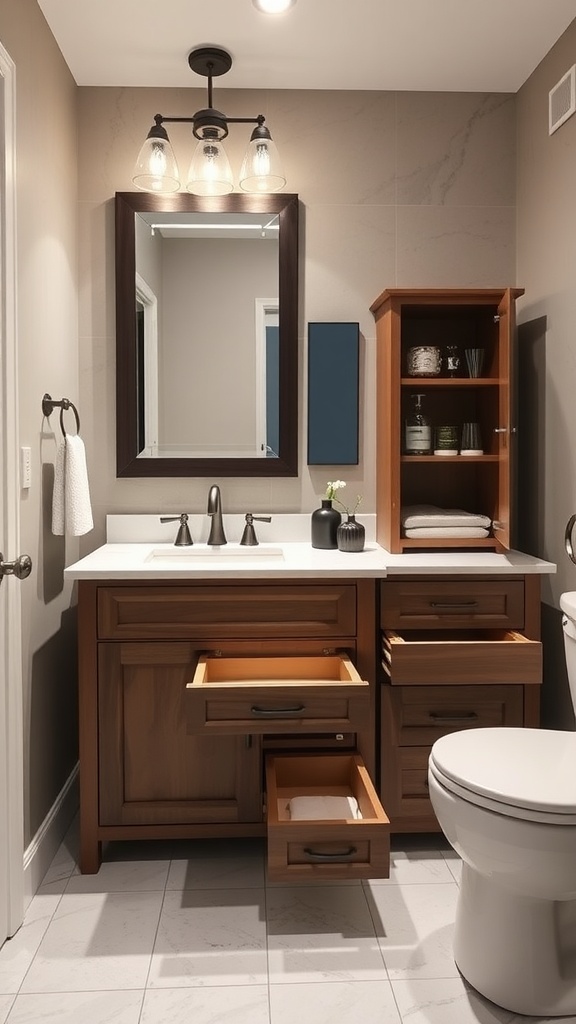 Modern bathroom vanity with wooden drawers and a mirror