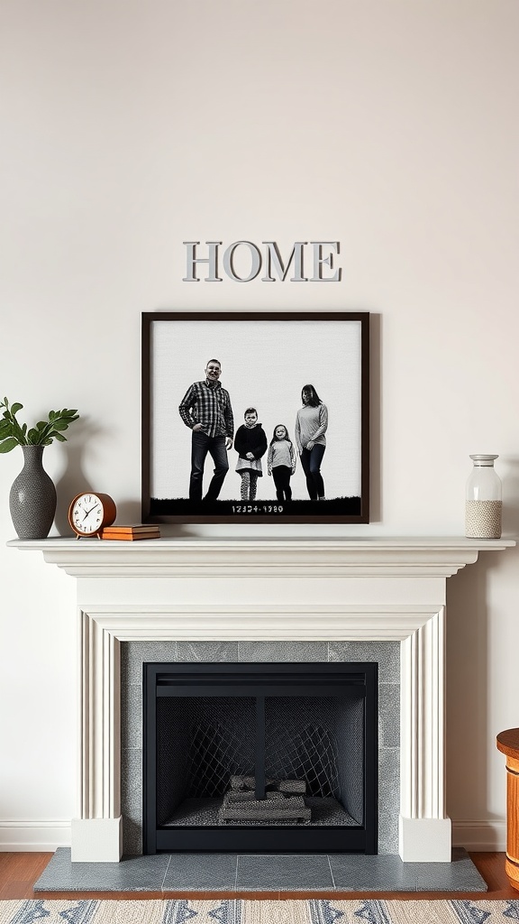 A cozy living room featuring customized wall art above a fireplace, with a family photo and the word 'HOME' displayed