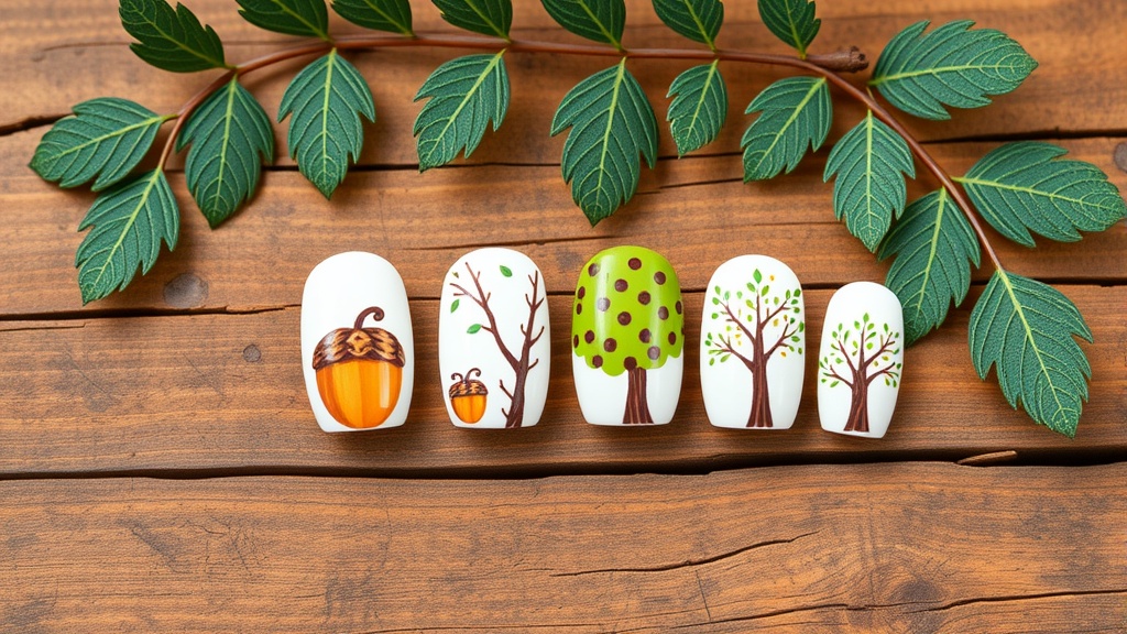 Nail art featuring acorns and oak trees on a wooden background.