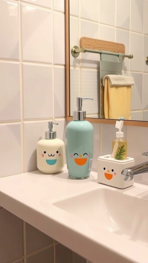 Cute bath accessories with smiley faces in pastel colors on a bathroom sink