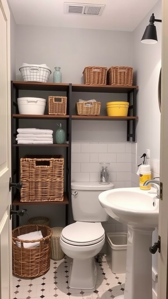Organized bathroom storage with shelves featuring baskets and containers