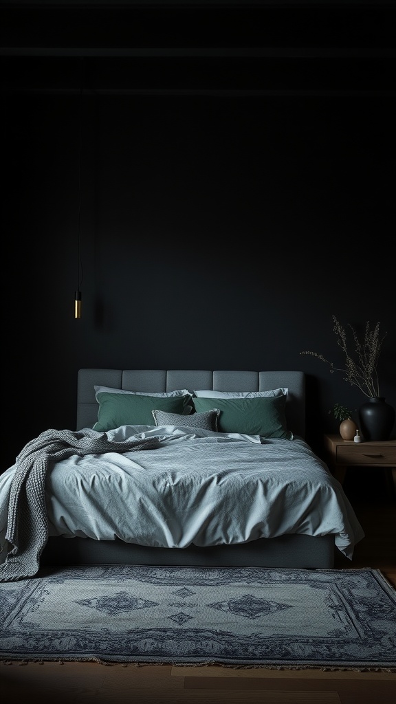 A cozy bedroom featuring a black accent wall, a grey bed with green pillows, and warm lighting.