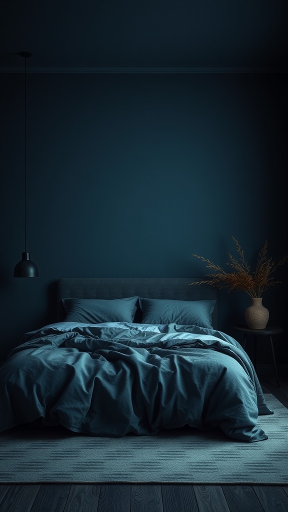 A cozy bedroom featuring dark blue walls, soft bedding, and a vase with dried flowers.