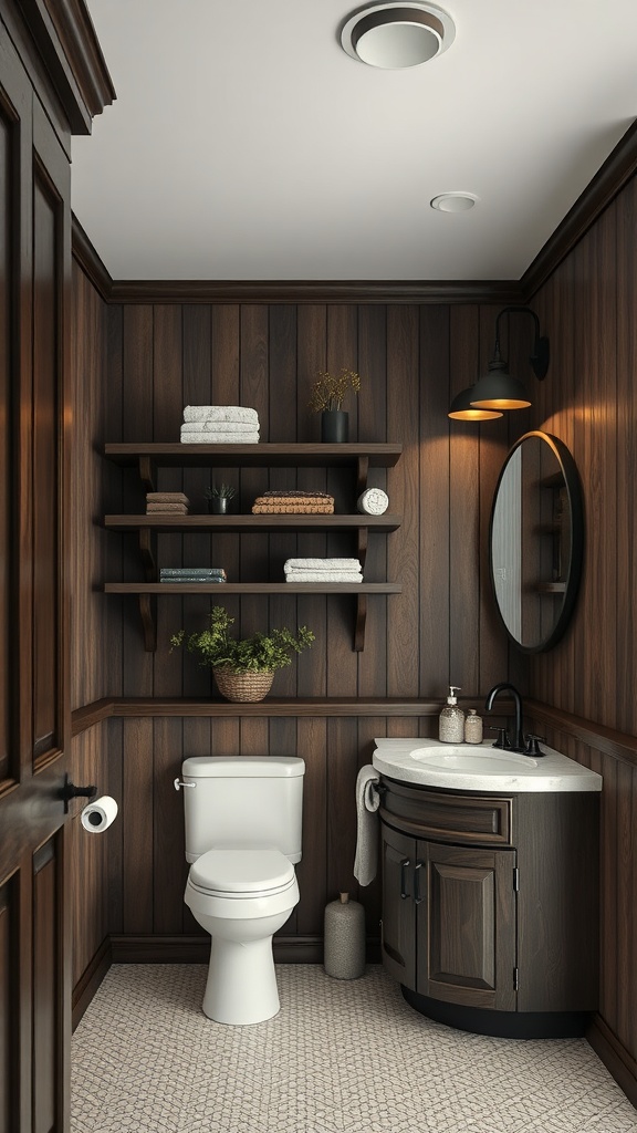 A dark wood-themed bathroom featuring wood paneling, shelves, and a stylish mirror.