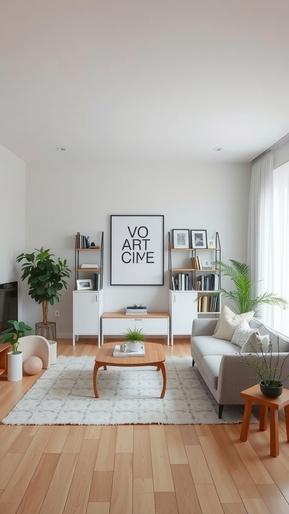 Minimalist living room with a decluttered aesthetic featuring neutral colors, a coffee table, couch, plants, and artwork.