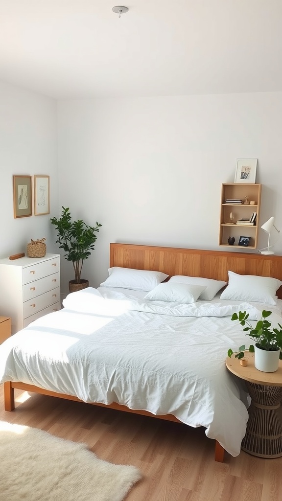 A minimal bedroom featuring a wooden bed, white linens, plants, and natural light.