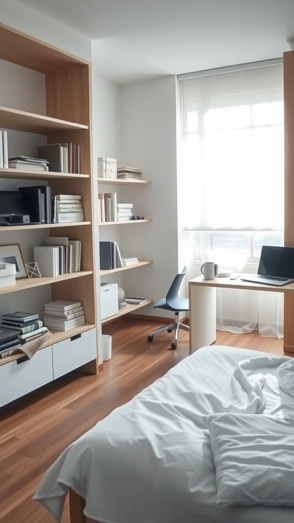 A minimalist bedroom featuring a bed, a desk with a laptop, and shelves with books, illuminated by natural light.