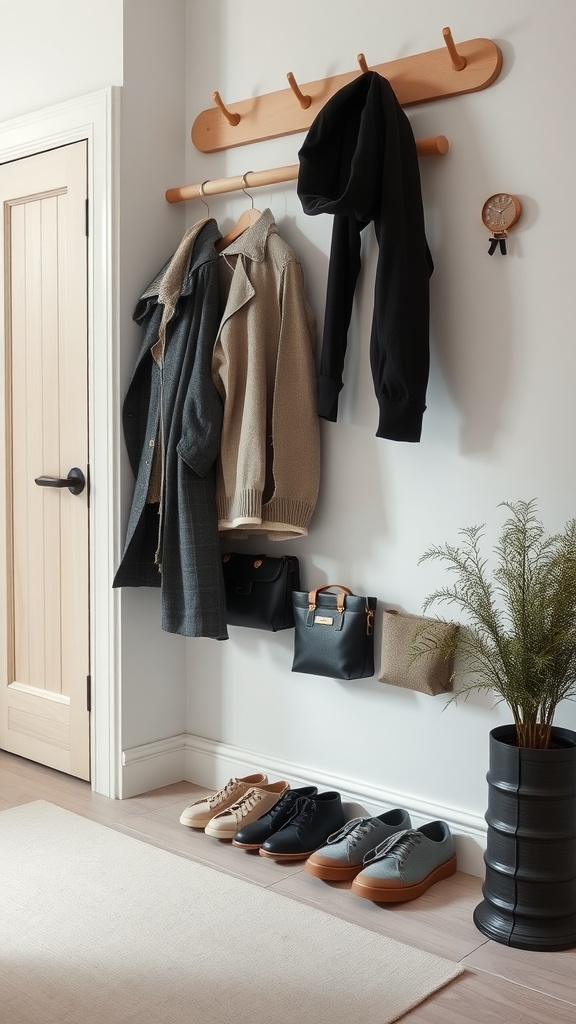 Minimalist entryway with wall-mounted hooks for coats, neatly arranged shoes, and a plant.