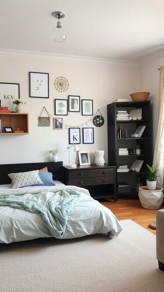 A minimal bedroom featuring a bed with a light blanket, framed art on the walls, and organized furniture.