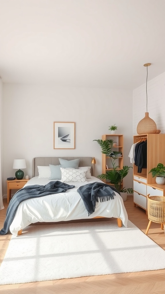Modern minimal bedroom with a clean design featuring a bed, plants, and natural light.