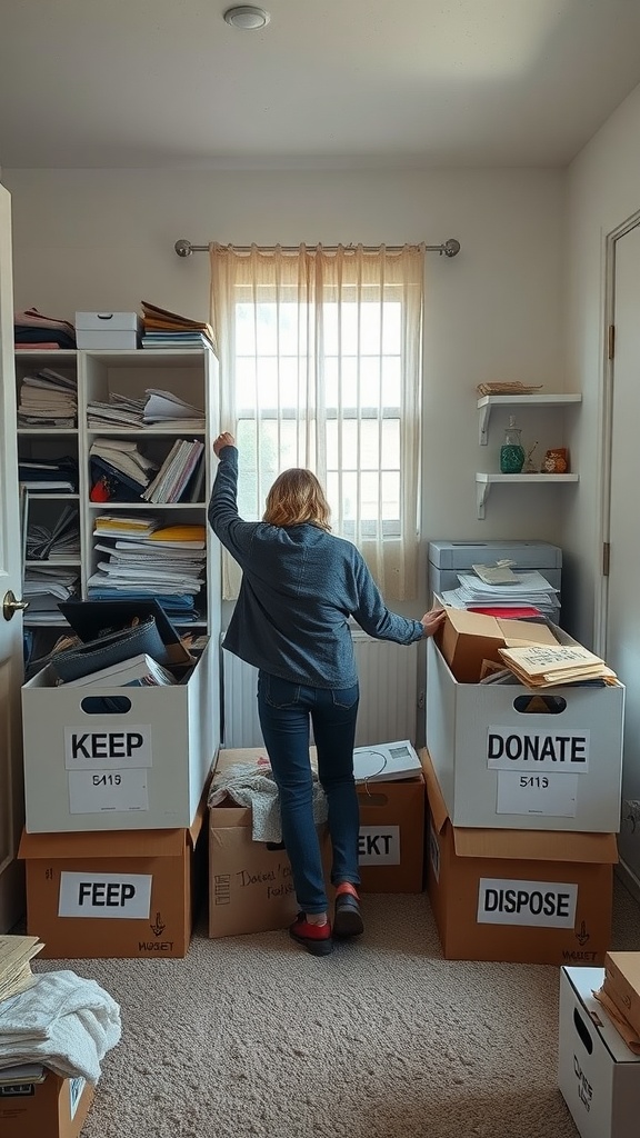 A person sorting through boxes labeled 'KEEP', 'DONATE', 'DISPOSE', and 'FEEP' while decluttering their space.