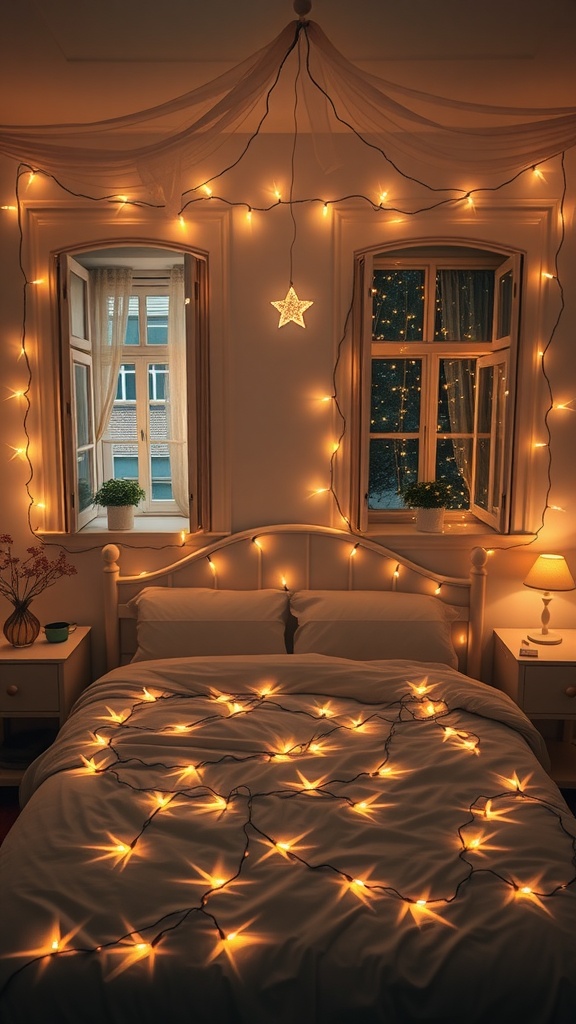A cozy bedroom decorated with warm fairy lights around the windows and bed, creating a romantic atmosphere.